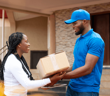 close up delivery person giving parcel client 1