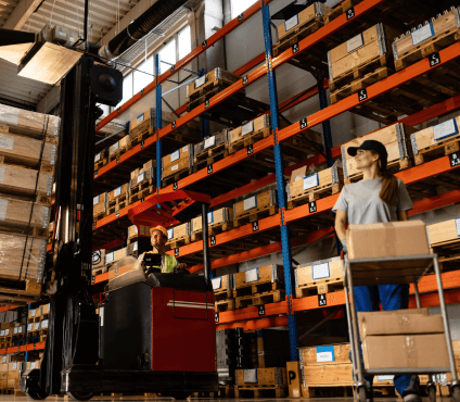 low angle view happy warehouse workers communicating while working with shipment industrial storage compartment 1