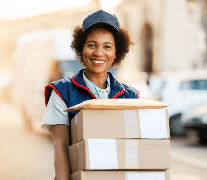 portrait happy black courier delivering packages looking camera 1