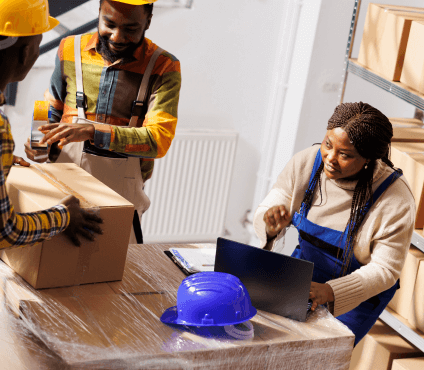 warehouse manager checking orders list coordinating parcels packing process african american woman supervisor with laptop controlli 1